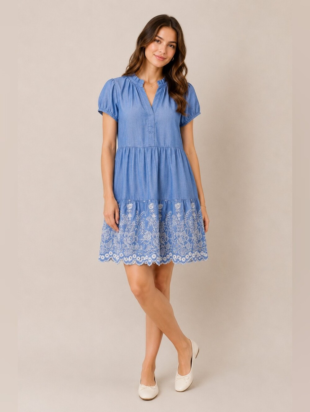 Cece Embroidered Chambray Dress Cottagecore Casual Style Eyelet Mini